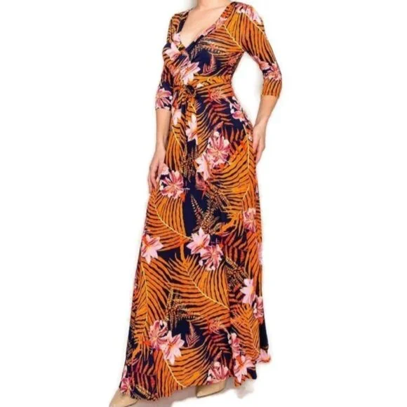 Janette Fashion Orange Palm Leaves Floral Faux Wrap 3/4 Sleeve Long Maxi Dress - Picture 2 of 4